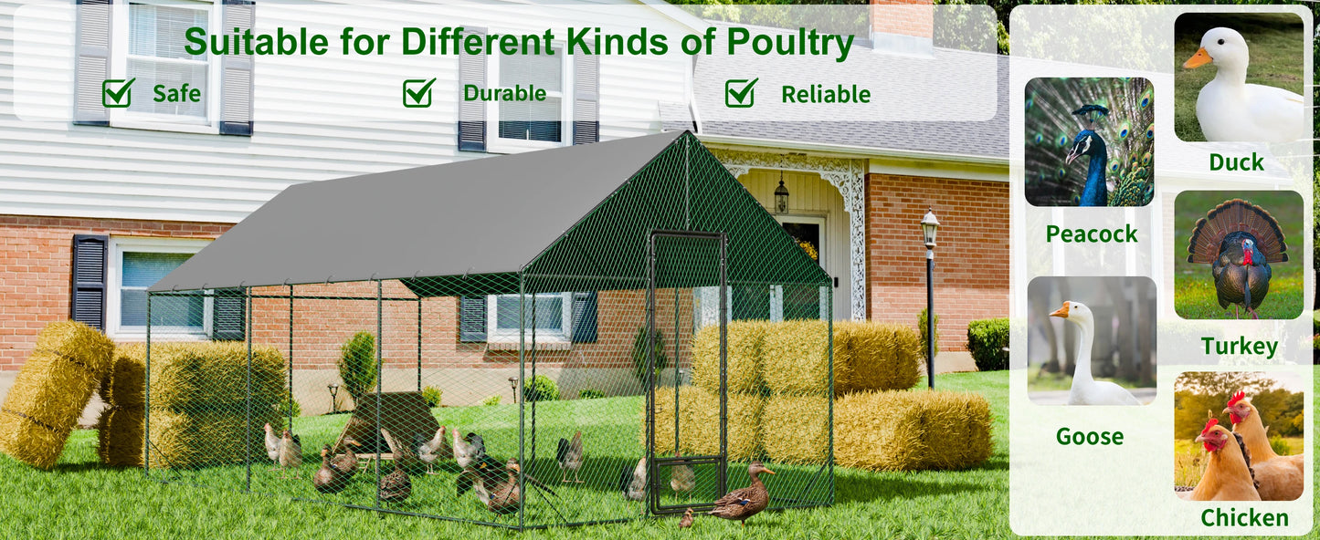 Heavy Duty Upgrade Outdoor Chicken Coop Large Metal Chicken Run Walkin Poultry Habitat Chicken Poultry Cage w/ Waterproof Cover