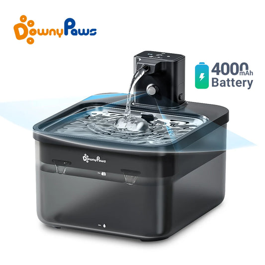 DownyPaws 2.5L Automatic Stainless Steel Cat Water Fountain 4000mAh Wireless Pet Drinker Battery & Sensor 2 in 1 Dispenser - shimendi