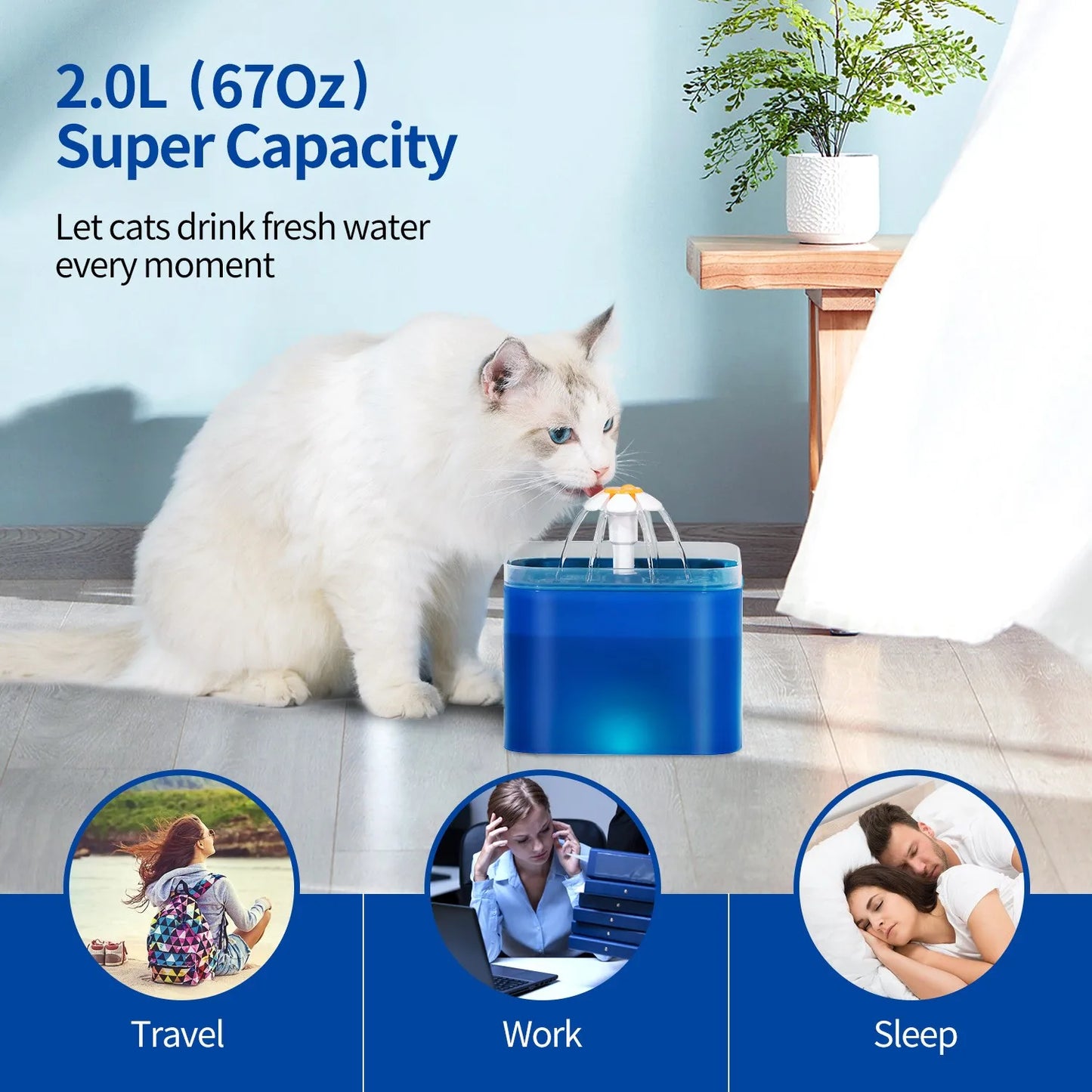 2L Automatic Cat Water Fountain with LED Nightlight, USB Powered Quiet Pump with Filter for Cats and Small Dogs