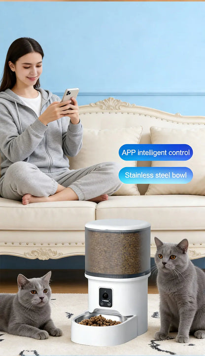 Raymax 4L WIFI Button Automatic Cat Feeder Intelligent Cat and Dog Pet Feeder Smart Pet Cat Food Dispenser Pet Feeder(No 5V 1A)