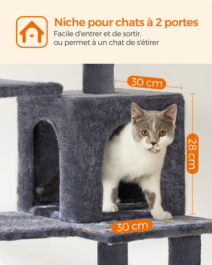 Feandrea Cat Tree, 143 cm Cat Tower for Indoor Cats, Multi-Level Plush Cat Condo with 4 Scratching Posts, 2 Perches, Cave