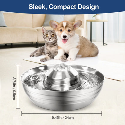 Stainless Steel Pet Water Fountain 2L, Ultra-Quiet Automatic Waterer for Cats and Dogs, Never Thirsty, Easy to Clean