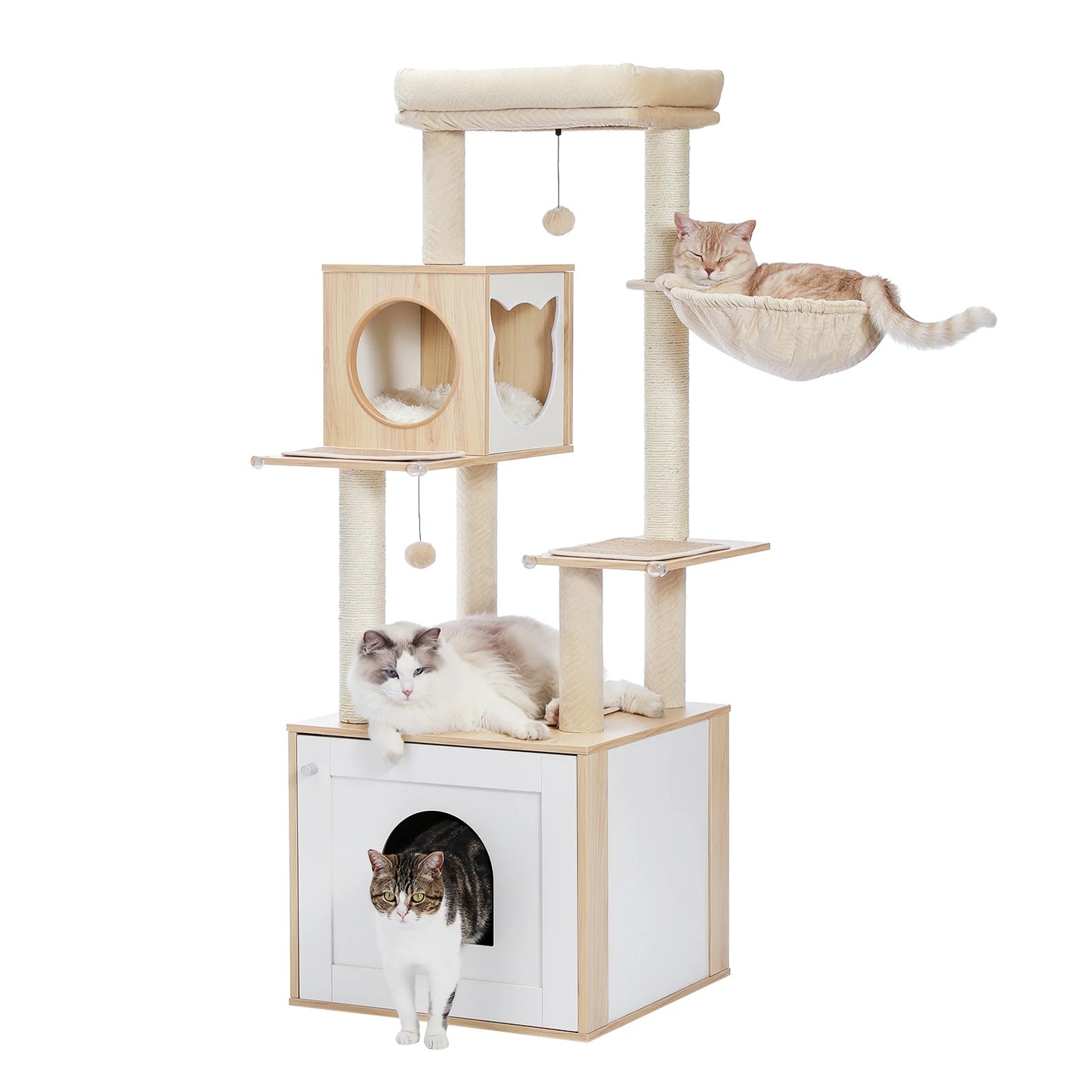 Multi-Level Cat Tree for Indoor Wood Cat Tower with Scratching Posts Spacious Condo Hammock Top Perch Cat Scratcher Cat Toys