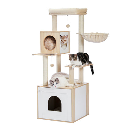 Multi-Level Cat Tree for Indoor Wood Cat Tower with Scratching Posts Spacious Condo Hammock Top Perch Cat Scratcher Cat Toys