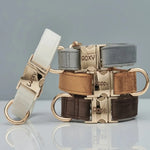 Multiple Colour Velvet Personalise Dog Collar Leash Set with Bow,Brown+Grey+White,Engraved Pet Name Plate Metal Buckle,Wedding P - shimendi