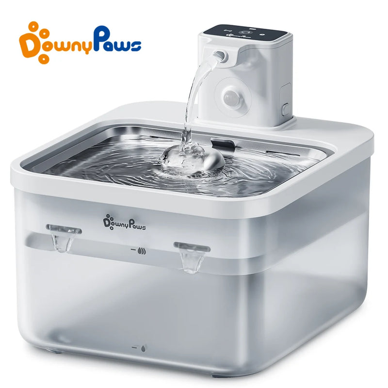 DownyPaws 2.5L Automatic Stainless Steel Cat Water Fountain 4000mAh Wireless Pet Drinker Battery & Sensor 2 in 1 Dispenser - shimendi