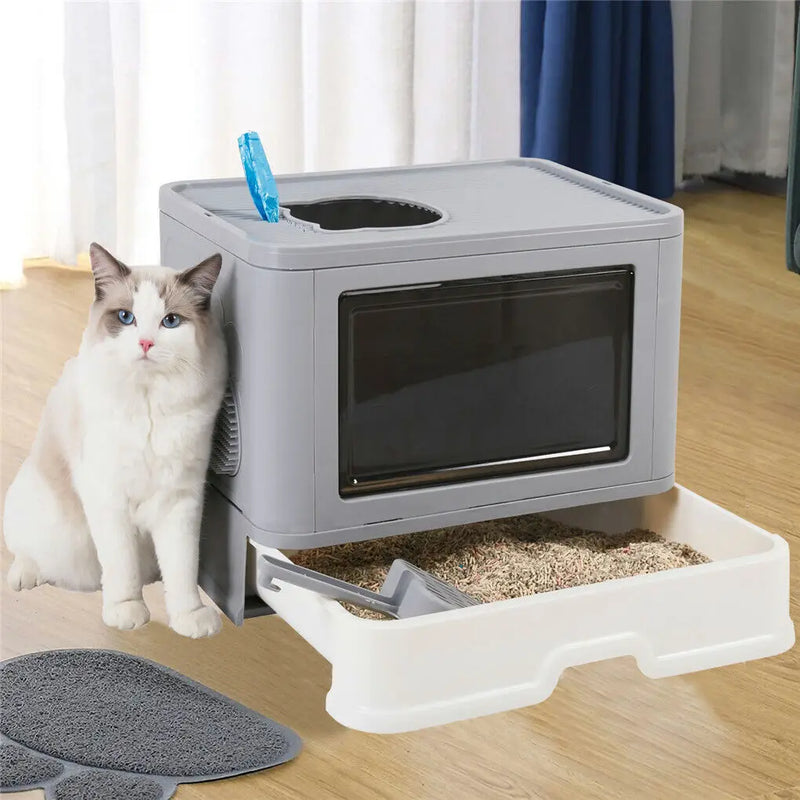 Foldable Cat Litter Box Front Entry & Top Exit Toilet Boxes with Massager Litter Scoop Enclosed Foldable Kitty Toilet - shimendi