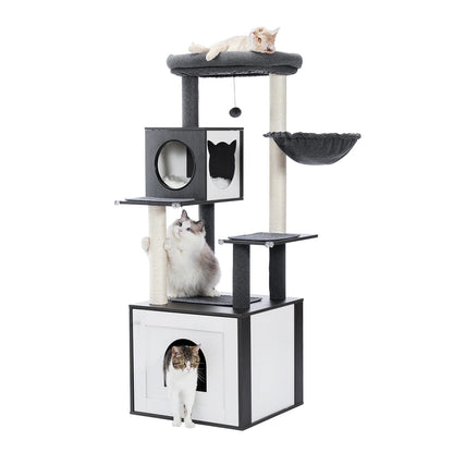 Multi-Level Cat Tree for Indoor Wood Cat Tower with Scratching Posts Spacious Condo Hammock Top Perch Cat Scratcher Cat Toys