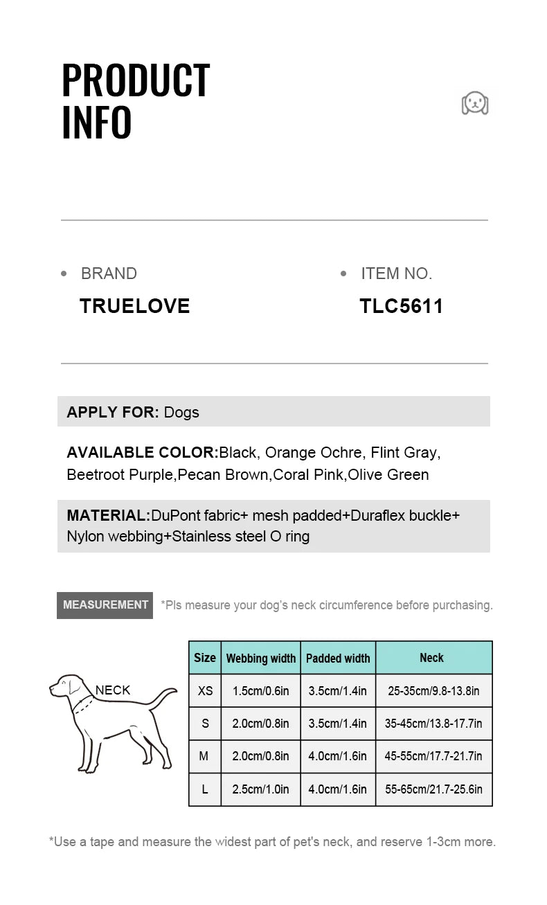 Truelove Pet Collar Reflective Multifunctional Personalized Dog Collar DuPont Soft Breathable Adjustable for Large Dogs TLC5611