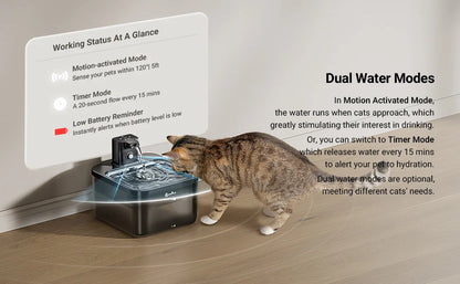 DownyPaws 2.5L Automatic Stainless Steel Cat Water Fountain 4000mAh Wireless Pet Drinker Battery & Sensor 2 in 1 Dispenser