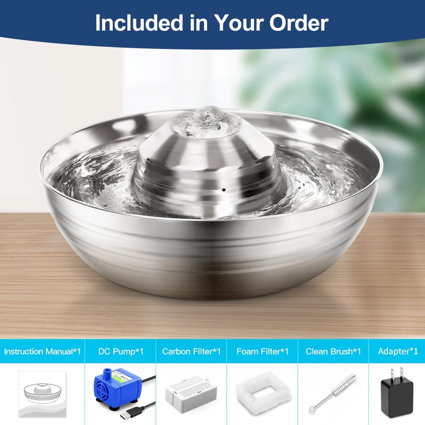 Stainless Steel Pet Water Fountain 2L, Ultra-Quiet Automatic Waterer for Cats and Dogs, Never Thirsty, Easy to Clean