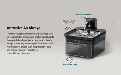 DownyPaws 2.5L Automatic Stainless Steel Cat Water Fountain 4000mAh Wireless Pet Drinker Battery & Sensor 2 in 1 Dispenser