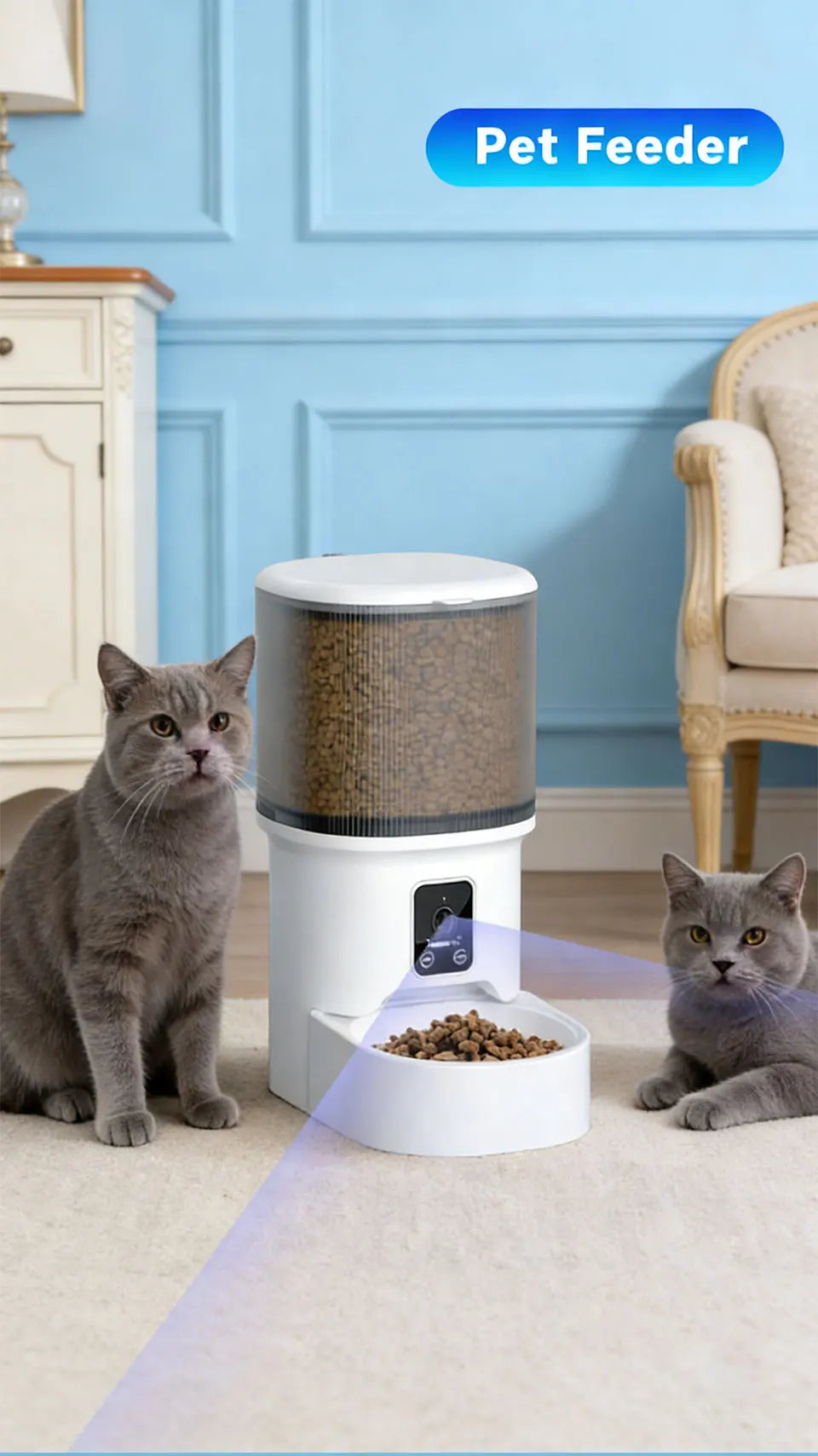 Raymax 4L WIFI Button Automatic Cat Feeder Intelligent Cat and Dog Pet Feeder Smart Pet Cat Food Dispenser Pet Feeder(No 5V 1A)