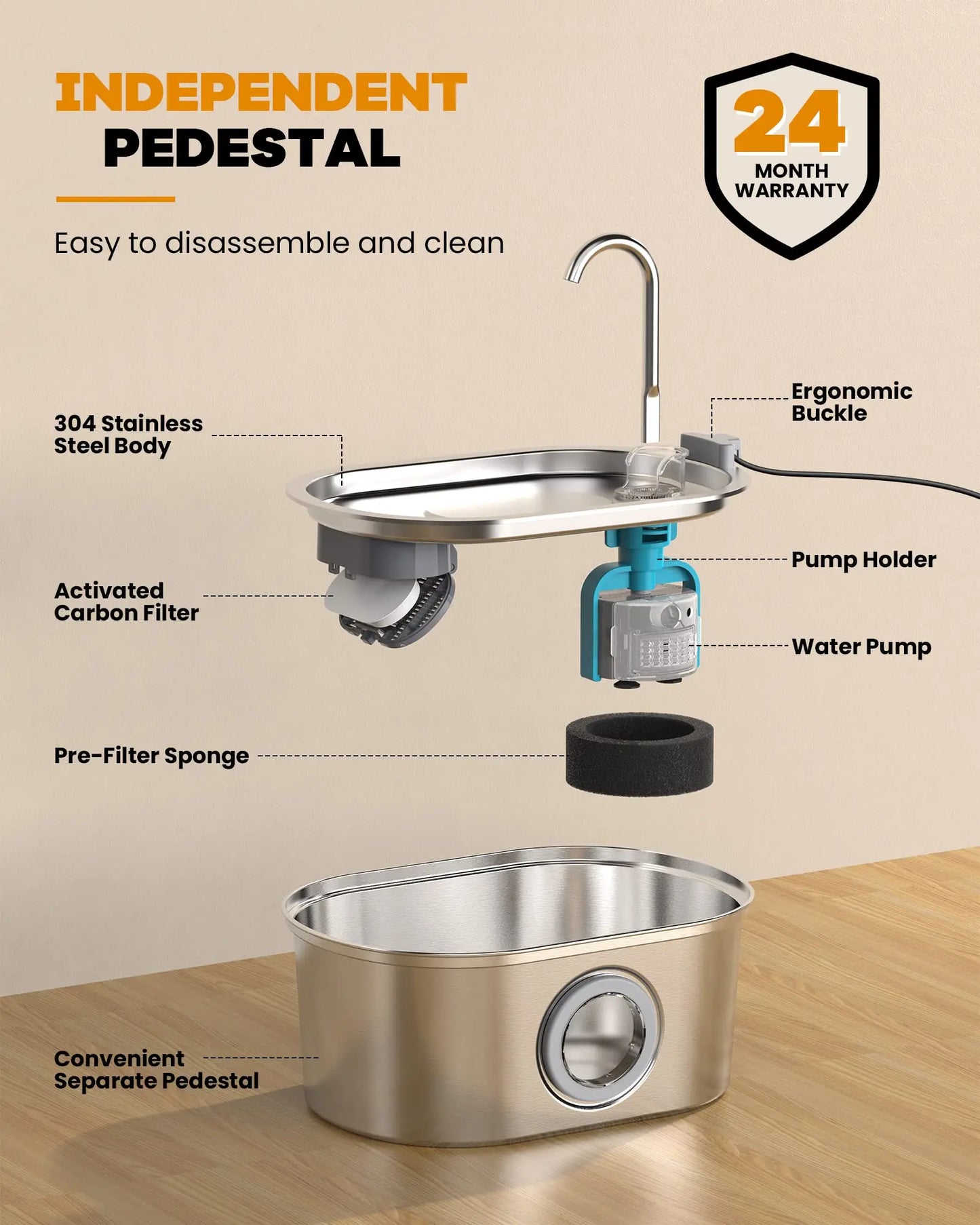 Cat water Fountain NautyPaws 3.2L stainless steel pet water dispenser automatic dog water dispenser with water level window