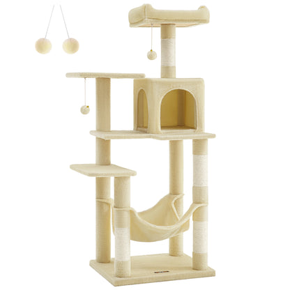 Feandrea Cat Tree, 143 cm Cat Tower for Indoor Cats, Multi-Level Plush Cat Condo with 4 Scratching Posts, 2 Perches, Cave