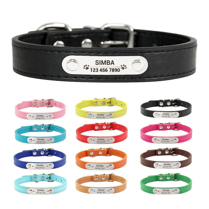 Personalized Dog Collar Name Carved ID Anti-lost Solid PU Leather Collar For Small Medium Large Dogs Puppy Cat Pet Supplies Pink - shimendi