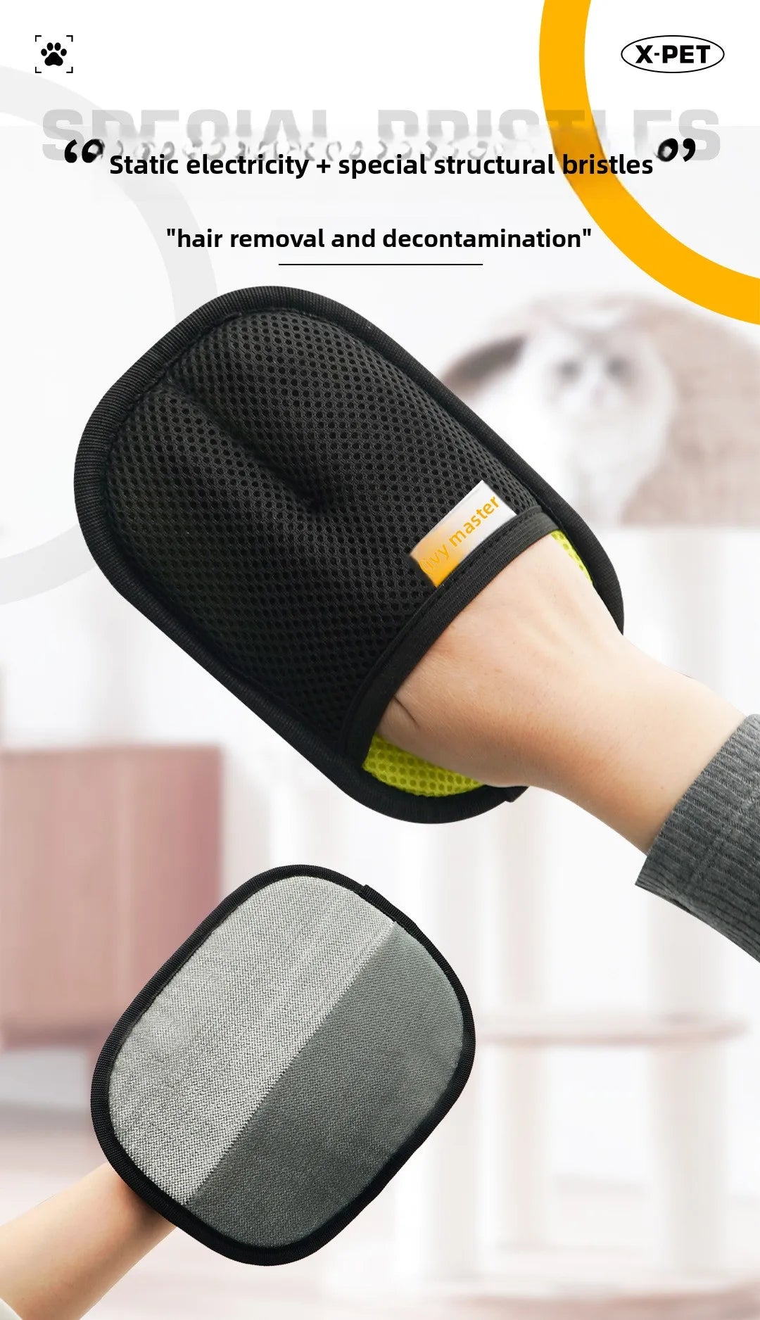 2 in 1 Pet Hair Removal Mitts for Cats Dogs Electrostatic Grooming Glove Reusable Washable with Lint Roller Brush Safe Non Toxic
