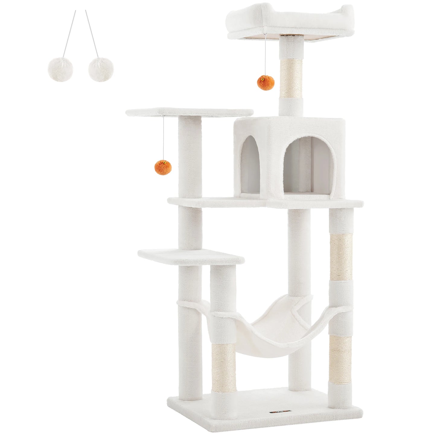 Feandrea Cat Tree, 143 cm Cat Tower for Indoor Cats, Multi-Level Plush Cat Condo with 4 Scratching Posts, 2 Perches, Cave