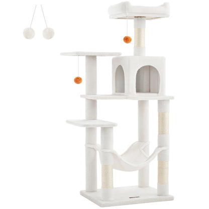 Feandrea Cat Tree, 143 cm Cat Tower for Indoor Cats, Multi-Level Plush Cat Condo with 4 Scratching Posts, 2 Perches, Cave