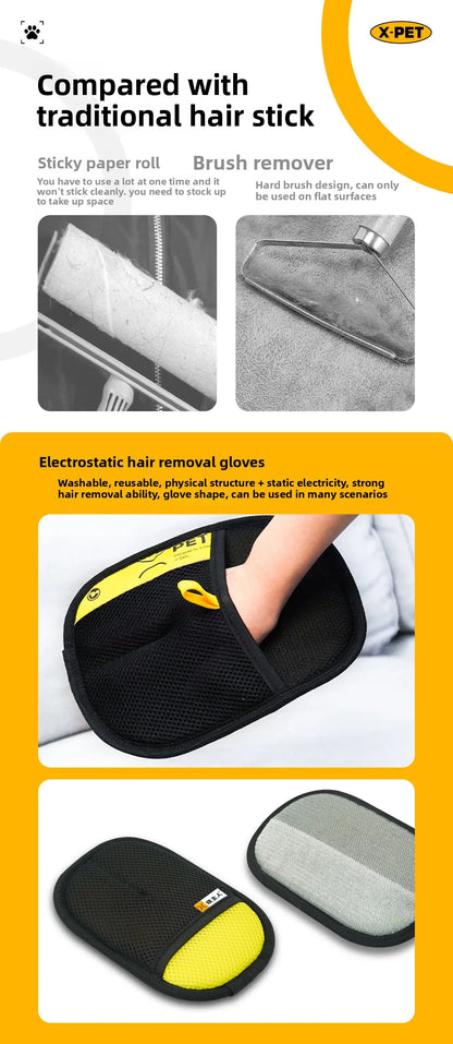 2 in 1 Pet Hair Removal Mitts for Cats Dogs Electrostatic Grooming Glove Reusable Washable with Lint Roller Brush Safe Non Toxic