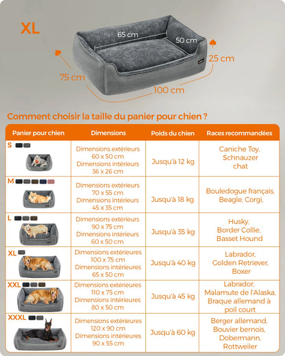 Feandrea Dog Basket, Raised Edge, Non-Slip, Removable Washable Cover, XL Size for Large Dogs, 100 x 75 x 25 cm, Grey