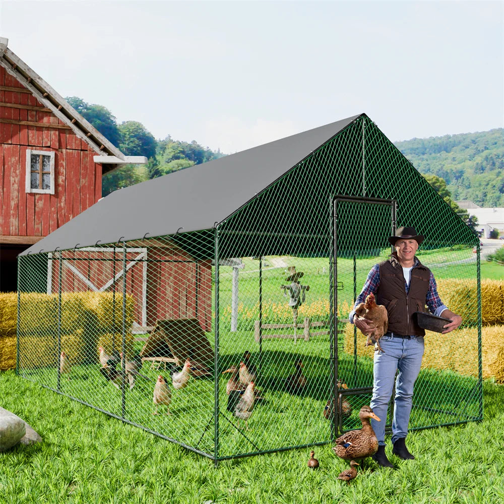 Heavy Duty Upgrade Outdoor Chicken Coop Large Metal Chicken Run Walkin Poultry Habitat Chicken Poultry Cage w/ Waterproof Cover