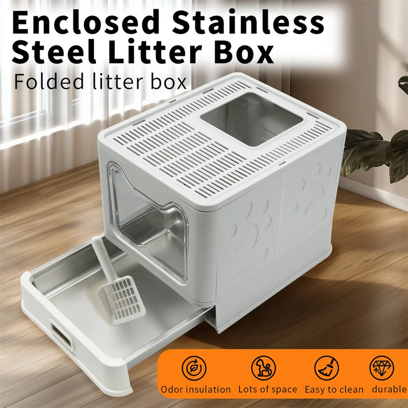 Enclosed Stainless Steel Cat Litter Box with Lid Scoop Large Litter Box Covered Top Entry Litter Pan High Sided Easy Cleaning - shimendi