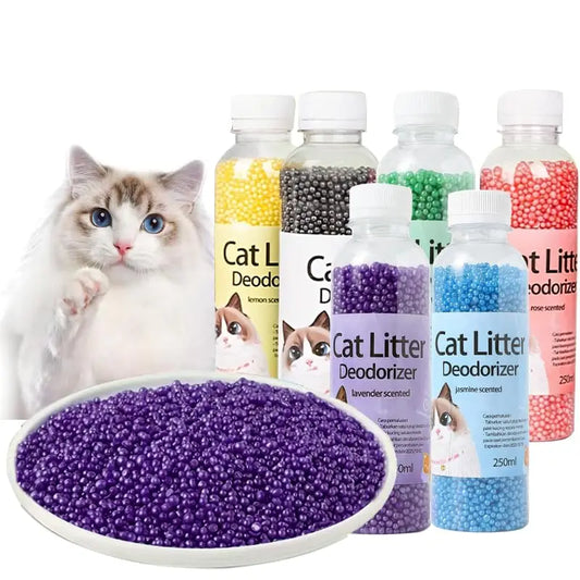 A bottle of deodorant beads for cat sand: makes your home smell comfortable and eliminates odors