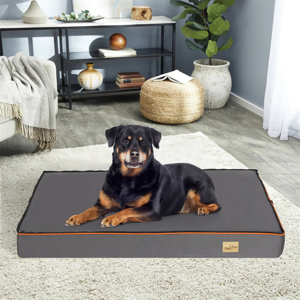 Premium Large Orthopedic Memory Foam Dog Bed Waterproof Pet Dog Crate Jumbo Mattress with Orange Trim Washable Water Resistant
