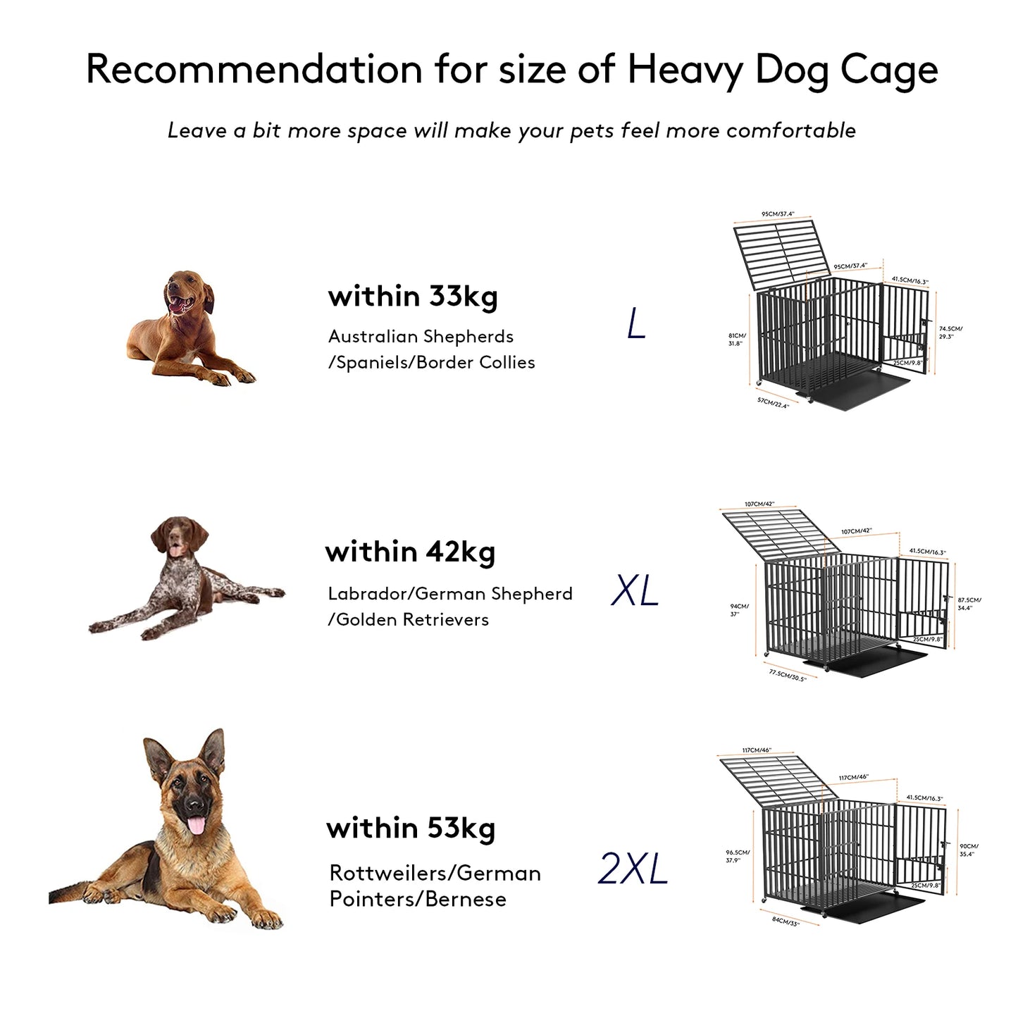 L XL XXL Heavy Duty Dog Crate with 4 Lockable Wheels