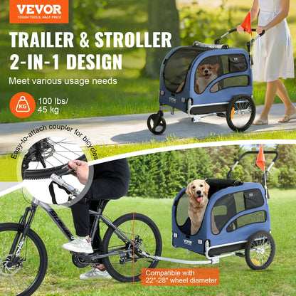 SucceBuy 100 lbs Dog Bike Trailer 2-in-1 Pet Stroller Cart Bicycle Carrier with Wheels Coupler Reflectors Flag for Dogs Travel