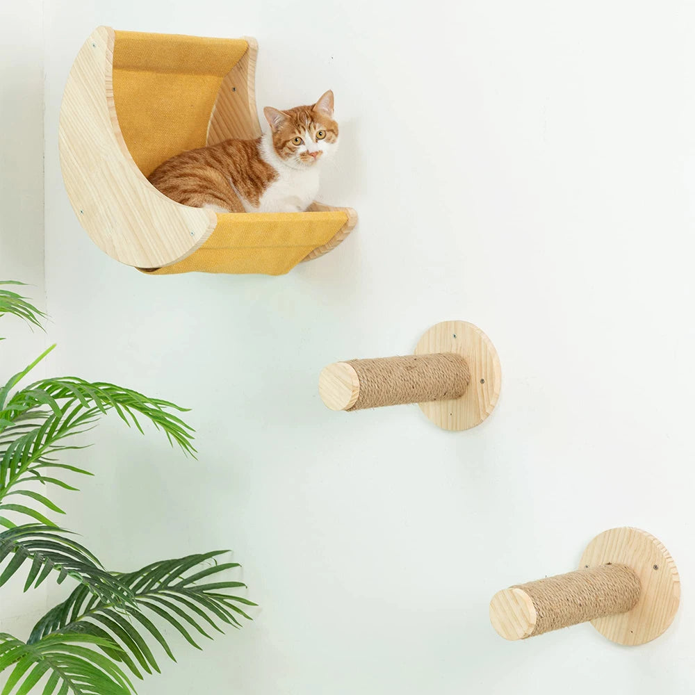 Cat Wall Hiding House Hammock Climbing Shelves Moon Perches Bed Ladder Solid Wood Steps For Activity Indoor Cats Wall Furniture