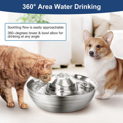 Stainless Steel Pet Water Fountain 2L, Ultra-Quiet Automatic Waterer for Cats and Dogs, Never Thirsty, Easy to Clean