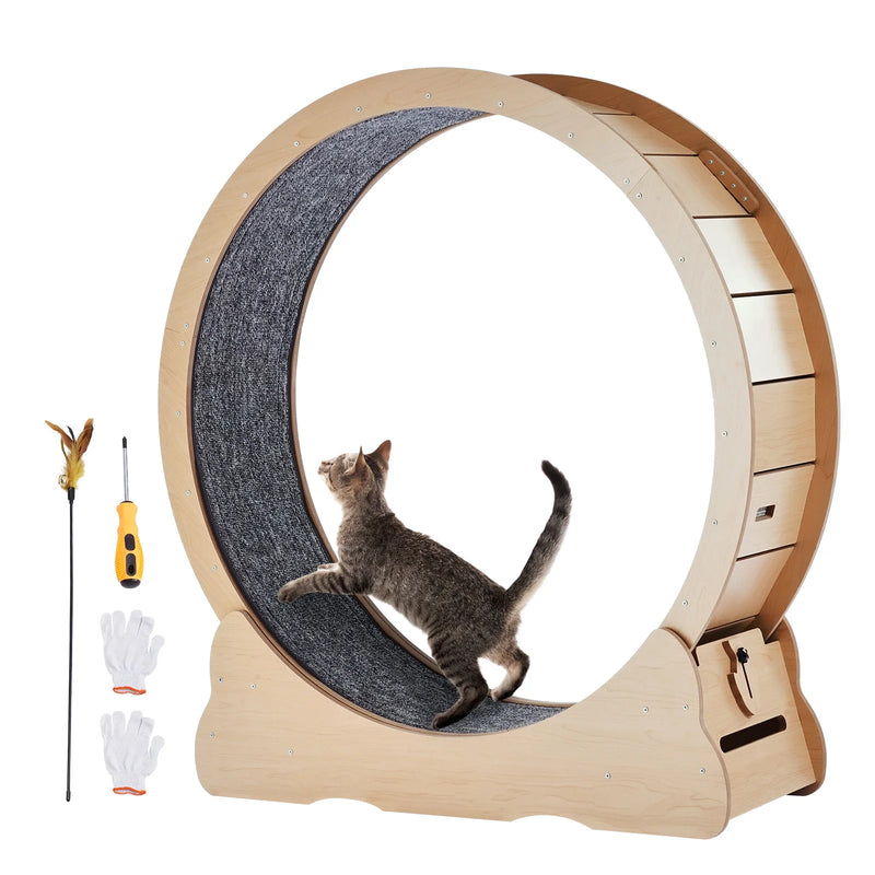 SucceBuy Wooden Cat Exercise Wheel Large Cat Treadmill Wheel for Indoor Cat Running Wheel with Detachable Carpet& Cat Teaser - shimendi