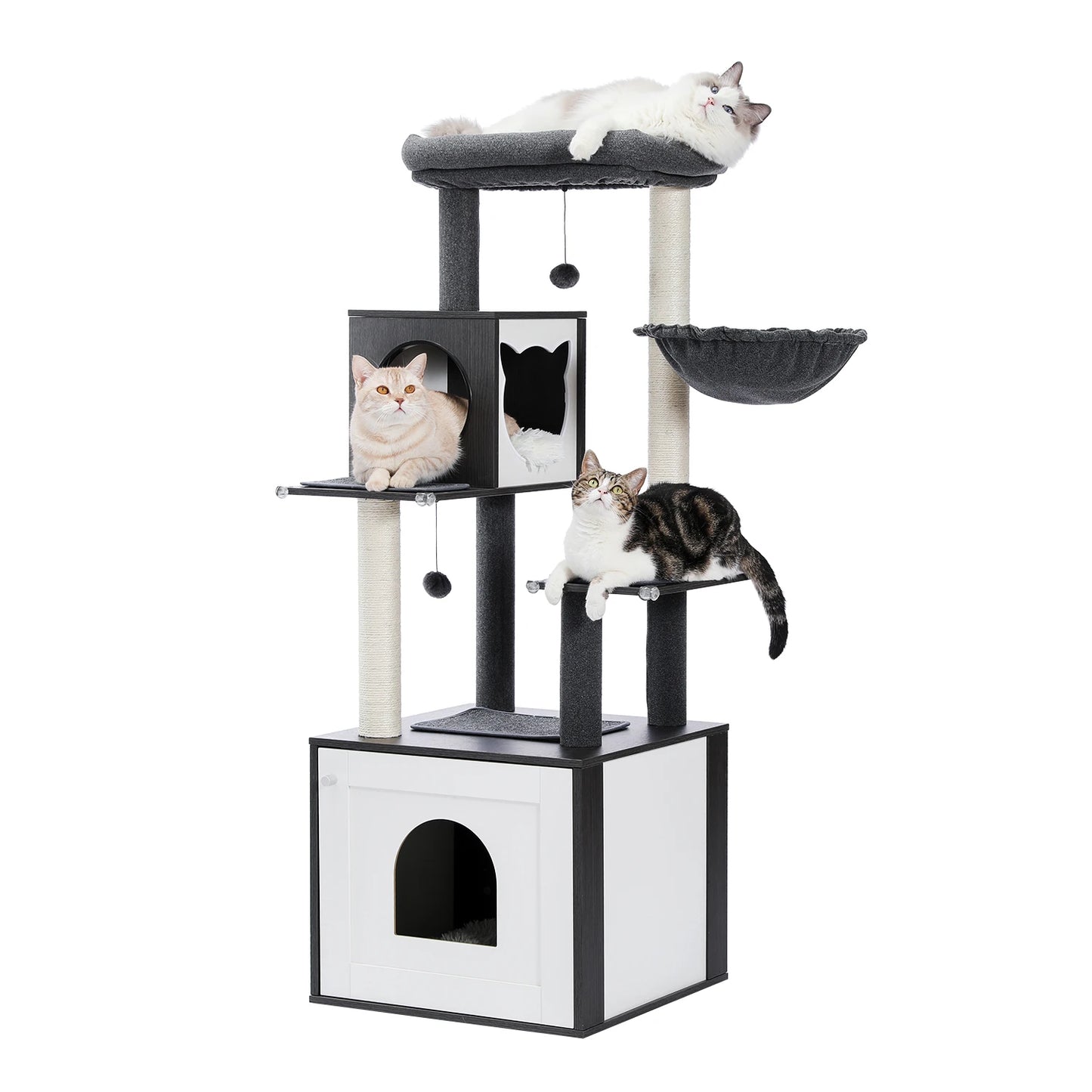 Multi-Level Cat Tree for Indoor Wood Cat Tower with Scratching Posts Spacious Condo Hammock Top Perch Cat Scratcher Cat Toys