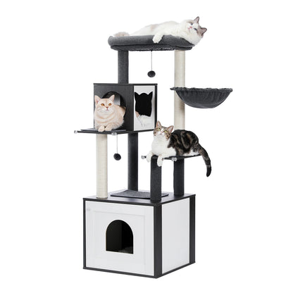 Multi-Level Cat Tree for Indoor Wood Cat Tower with Scratching Posts Spacious Condo Hammock Top Perch Cat Scratcher Cat Toys