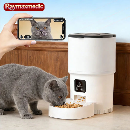 Raymax 4L WIFI Button Automatic Cat Feeder Intelligent Cat and Dog Pet Feeder Smart Pet Cat Food Dispenser Pet Feeder(No 5V 1A) - shimendi