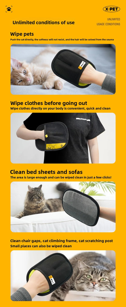 2 in 1 Pet Hair Removal Mitts for Cats Dogs Electrostatic Grooming Glove Reusable Washable with Lint Roller Brush Safe Non Toxic