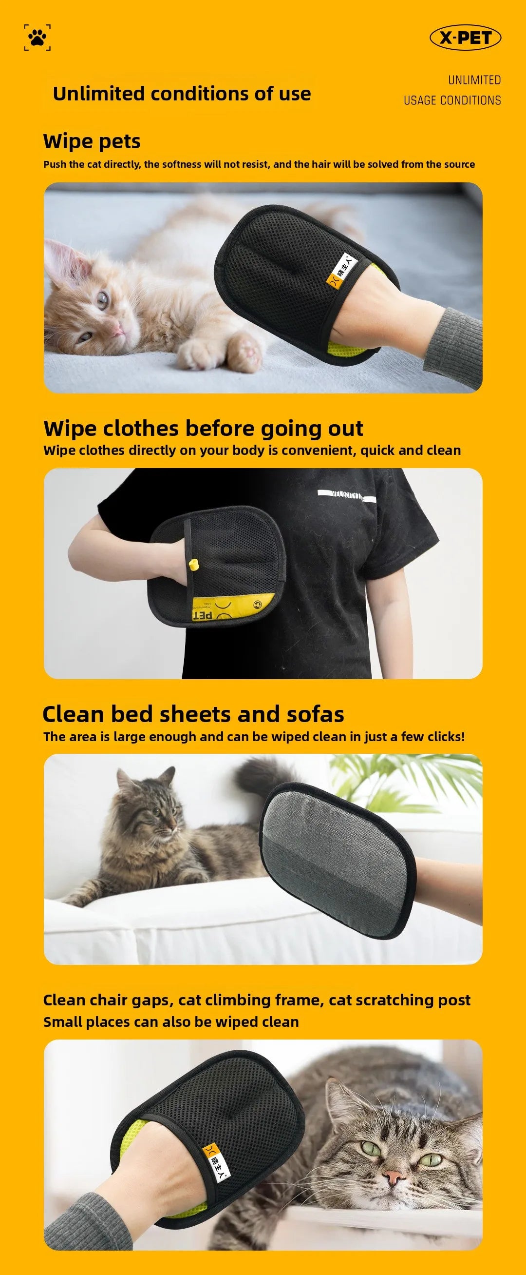 2 in 1 Pet Hair Removal Mitts for Cats Dogs Electrostatic Grooming Glove Reusable Washable with Lint Roller Brush Safe Non Toxic