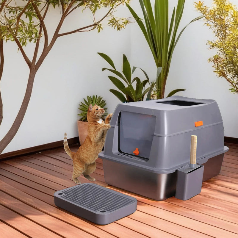 Enclosed Stainless Steel Cat Litter Box with Lid Extra Large for Big Cats Kitty Metal Litter Pan Tray High Wall Sides - shimendi