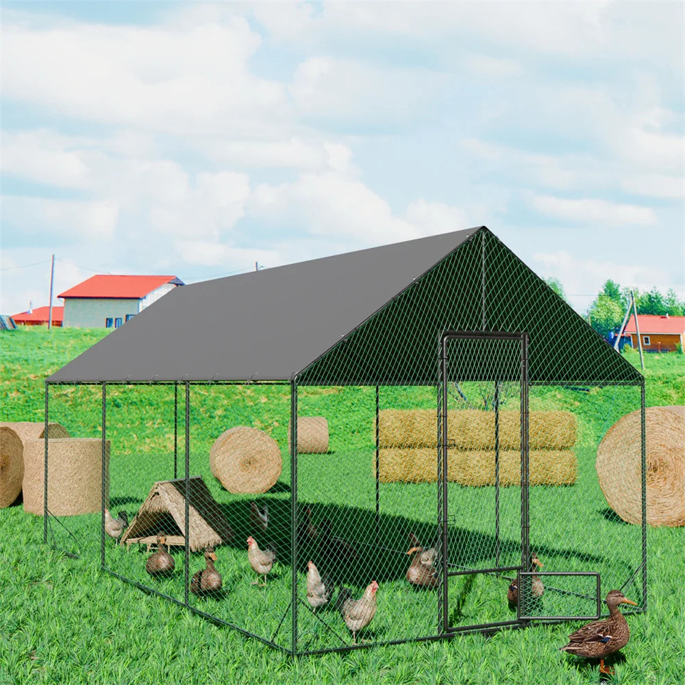 Heavy Duty Upgrade Outdoor Chicken Coop Large Metal Chicken Run Walkin Poultry Habitat Chicken Poultry Cage w/ Waterproof Cover