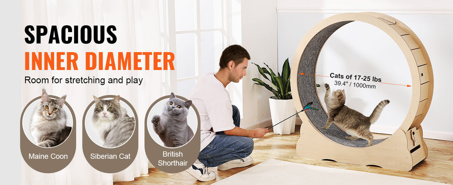 SucceBuy Wooden Cat Exercise Wheel Large Cat Treadmill Wheel for Indoor Cat Running Wheel with Detachable Carpet& Cat Teaser