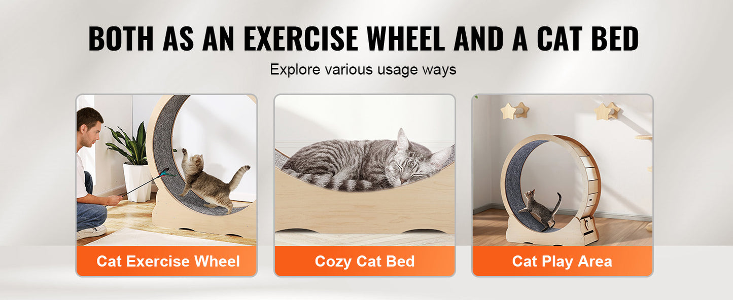 SucceBuy Wooden Cat Exercise Wheel Large Cat Treadmill Wheel for Indoor Cat Running Wheel with Detachable Carpet& Cat Teaser