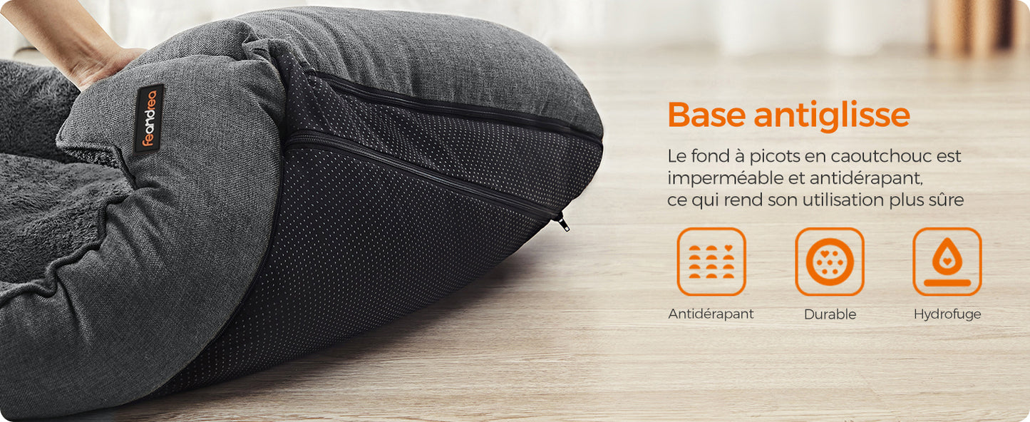 Feandrea Dog Basket, Raised Edge, Non-Slip, Removable Washable Cover, XL Size for Large Dogs, 100 x 75 x 25 cm, Grey