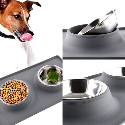 Stainless Steel Double Dog Bowl with Silicone Mat Nontoxic Nonslip No Spill Pet Water Food Bowl Cat Puppy Feed Drinking