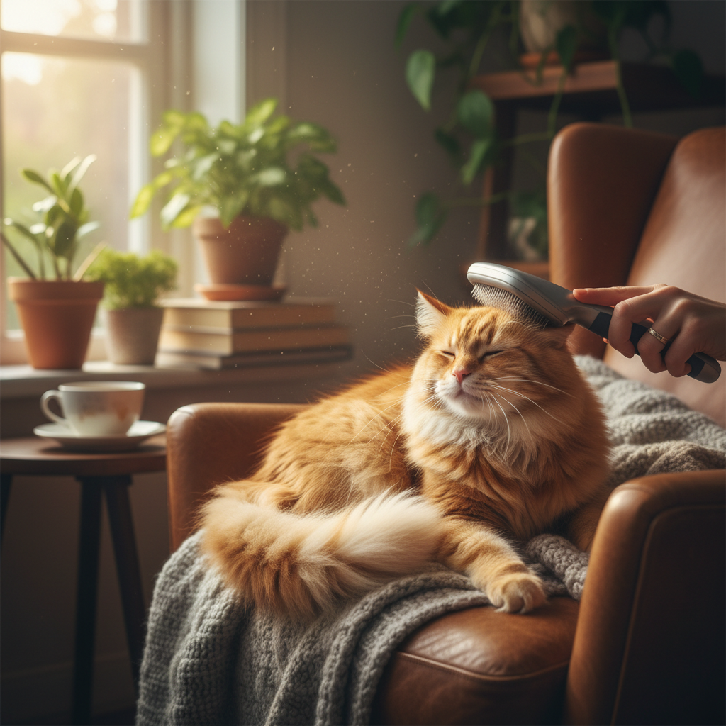 Chat heureux pendant une séance de toilettage