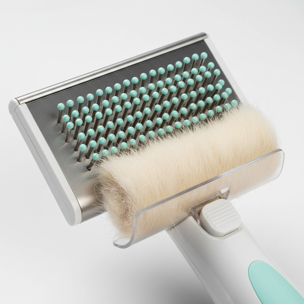 Détail des dents arrondies et du mécanisme de retrait des poils